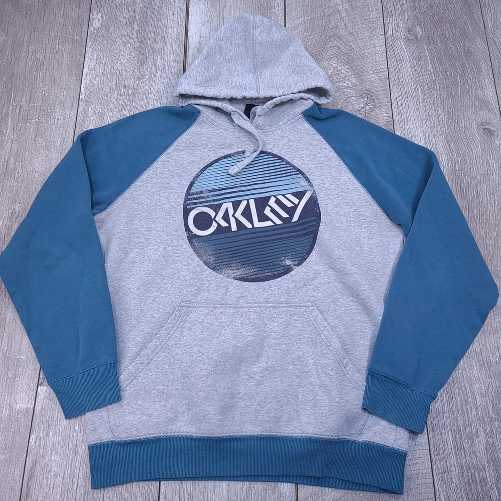 Oakley Hoodie Mens Size M Grey Blue Raglan Graphic Pullover Sweatshirt